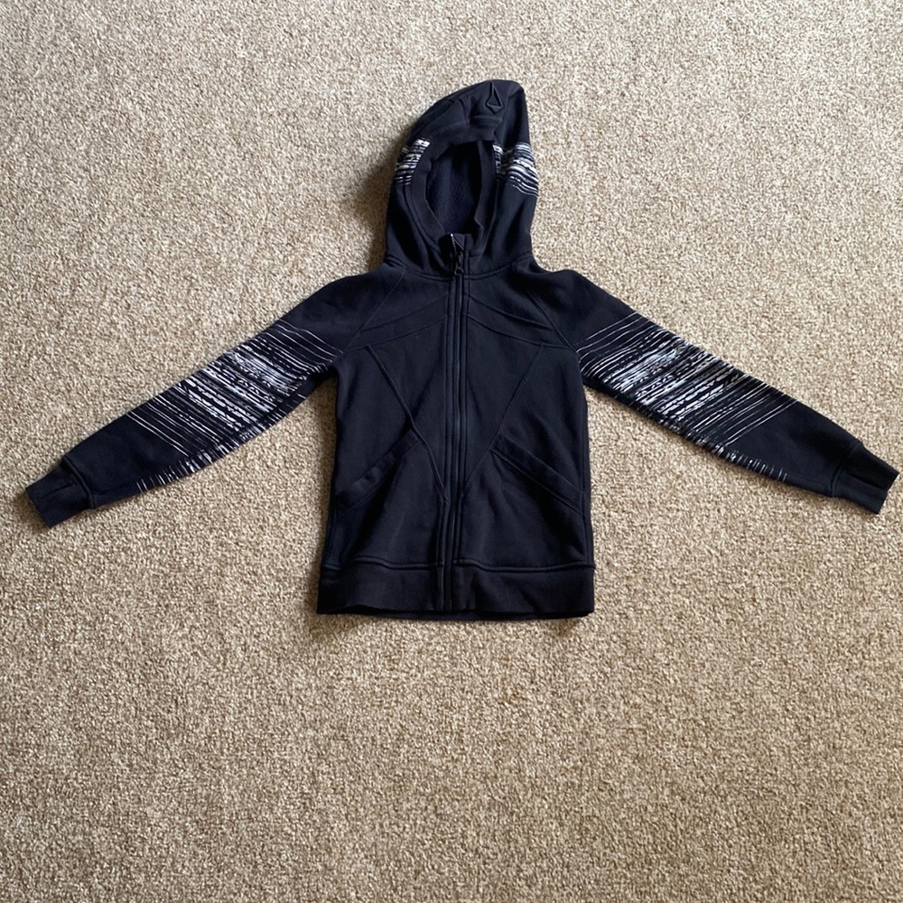 Ivivva Zip-up Jacket -black with a white pattern on hood and sleeve